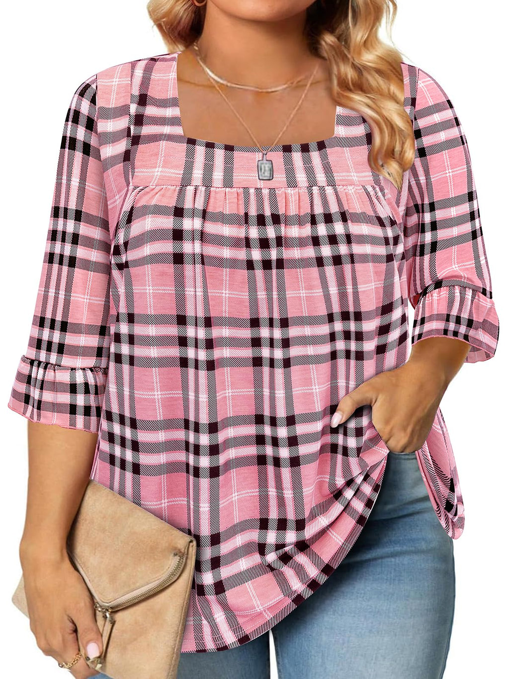 Siddhe Womens Plus Size Tops Loose Fit 3/4 Ruffle Sleeve Blouses Square Neck T Shirt Casual Tunic Tops(1X-5X)
