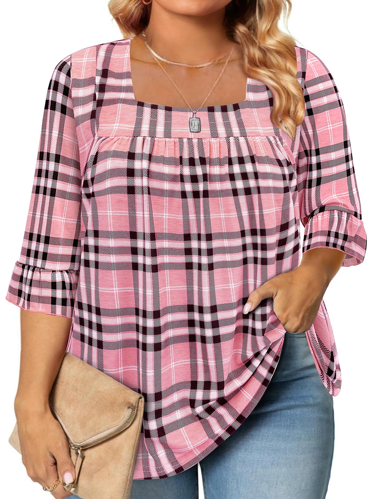 Siddhe Womens Plus Size Tops Loose Fit 3/4 Ruffle Sleeve Blouses Square Neck T Shirt Casual Tunic Tops(1X-5X)