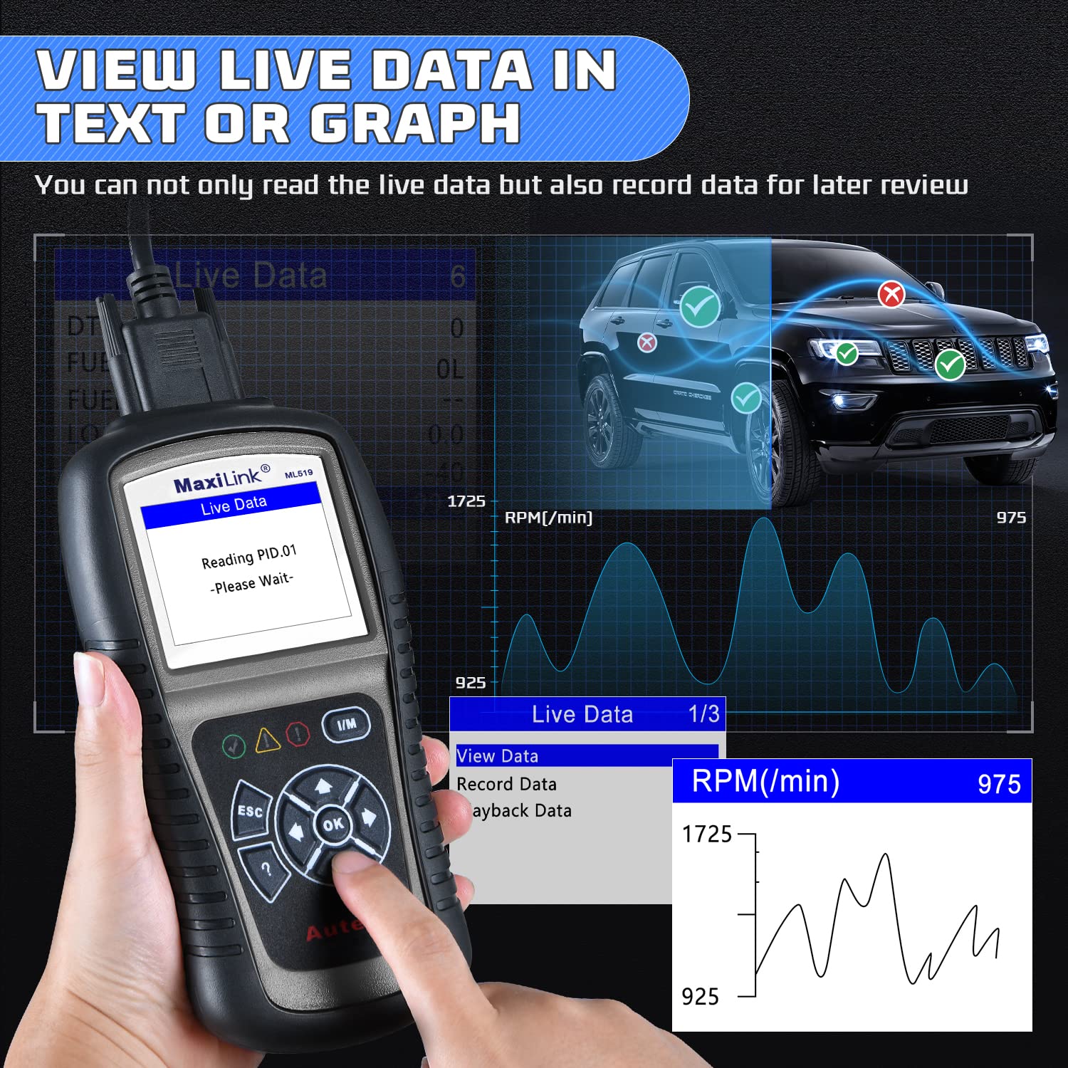 Autel MaxiLink ML519 Enhanced Mode 6 OBD2 Scanner Auto Diagnostic Scan Tool Check Engine Fault Code Reader CAN Scan Tool, Upgraded Ver. of AL319 Black