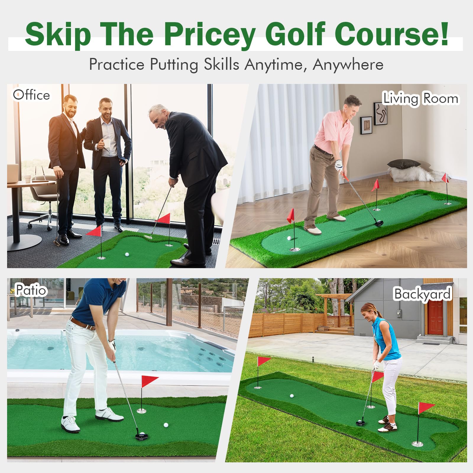 Tangkula 10 FT Golf Putting Green, Large Professional Golf Training Mat with Realistic Artificial Grass Turf, 3 Holes, 3 Flags and Cups for Indoor Outdoor Putting Practice