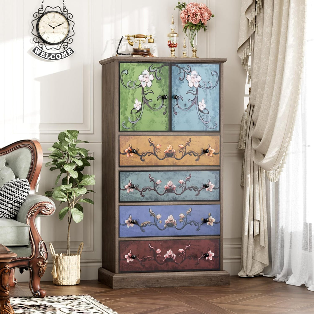 FINETONES 50’’ Tall Dresser, Boho Dresser Vintage Dressers with 4 Drawers and 2 Doors, Wood Chests of Drawers for Home, 16.1D x 23.6W x 50H Inch
