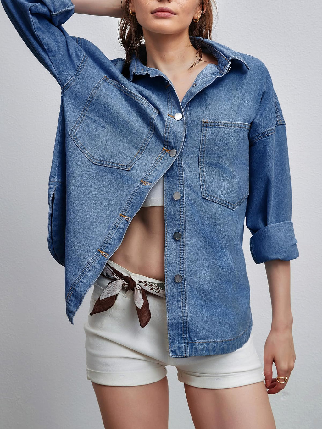 LifeShe Women Denim Shirt Jean Jacket Oversize Button Down Shirt Long Sleeve Jean Tops Trendy Shackets