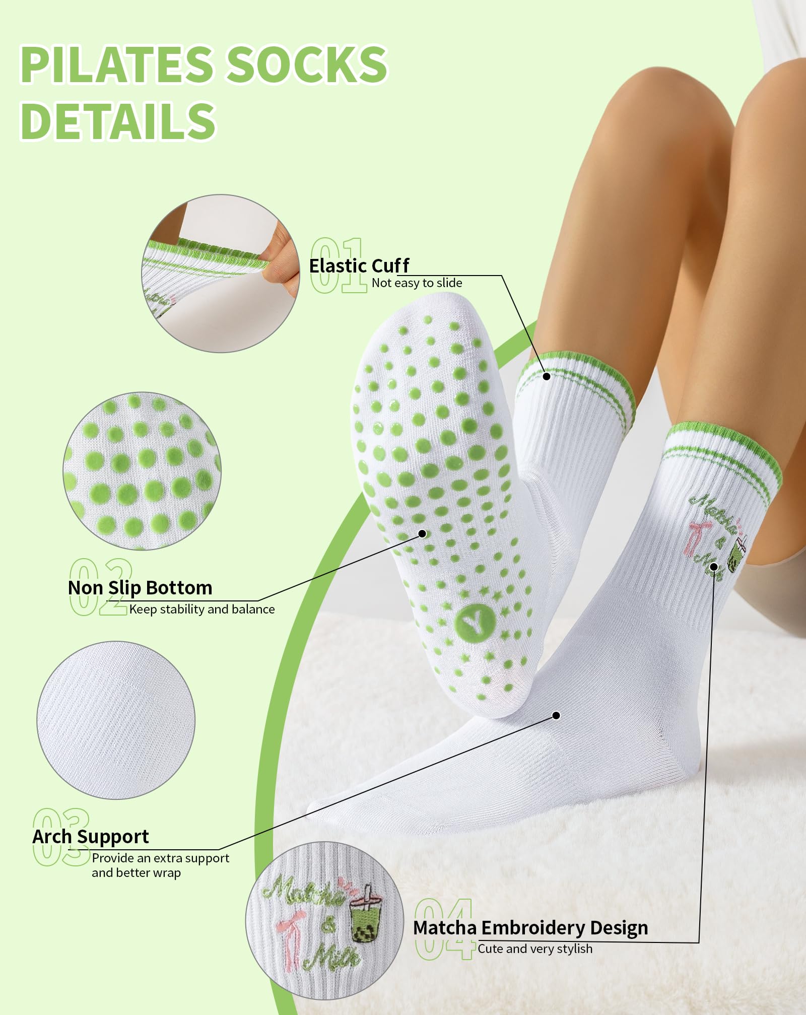 Yawlsow Pilates Grip Socks for Women Yoga Grippy Socks Cute Barre Non Skid Athletic Crew Sticky Sock Workout Hospital
