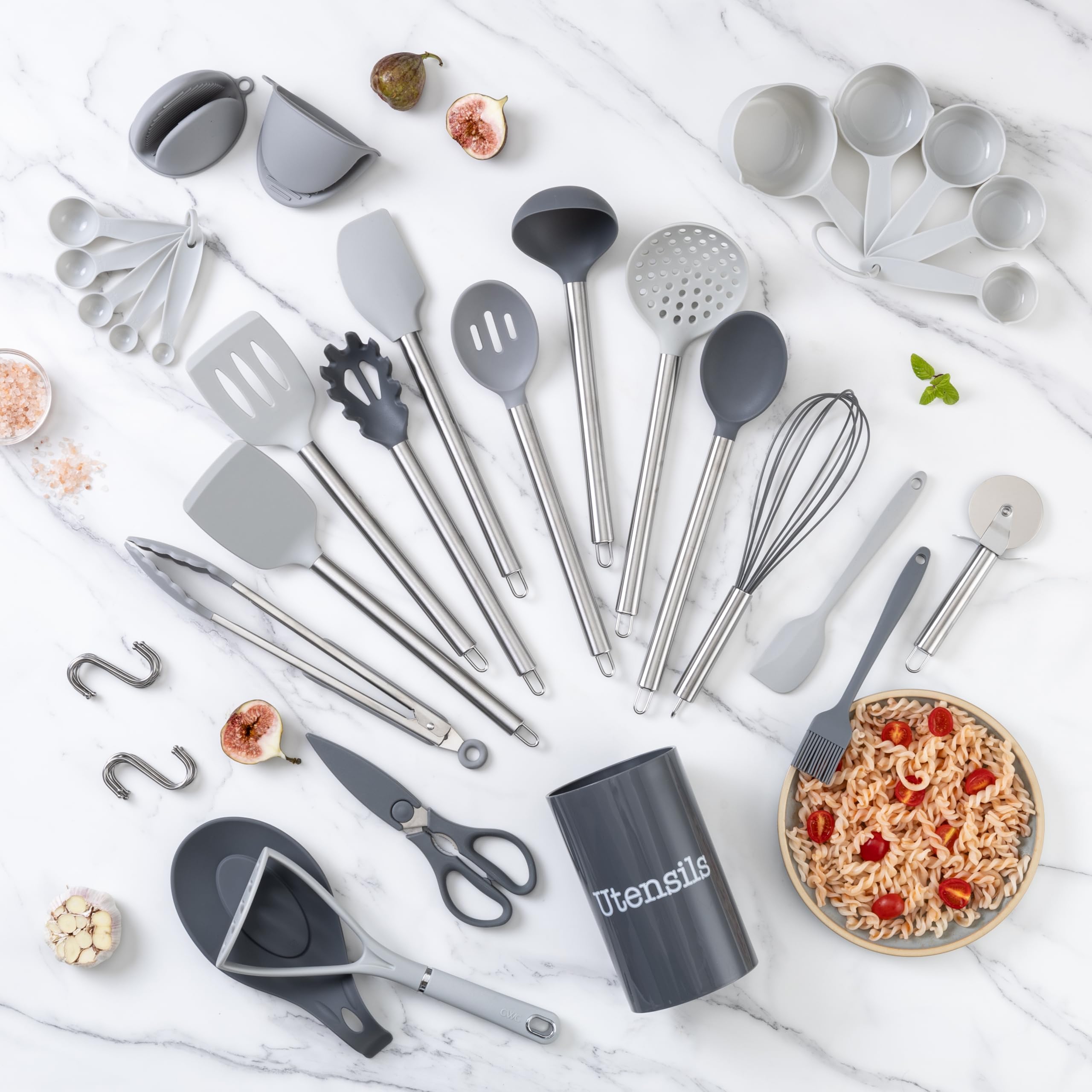 COOK WITH COLOR Silicone Cooking Utensils, Kitchen Utensil Set, Easy to Clean Silicone Kitchen Utensils, Cooking Utensils for Nonstick Cookware, Kitchen Gadgets Set with Holder, 10 Pieces