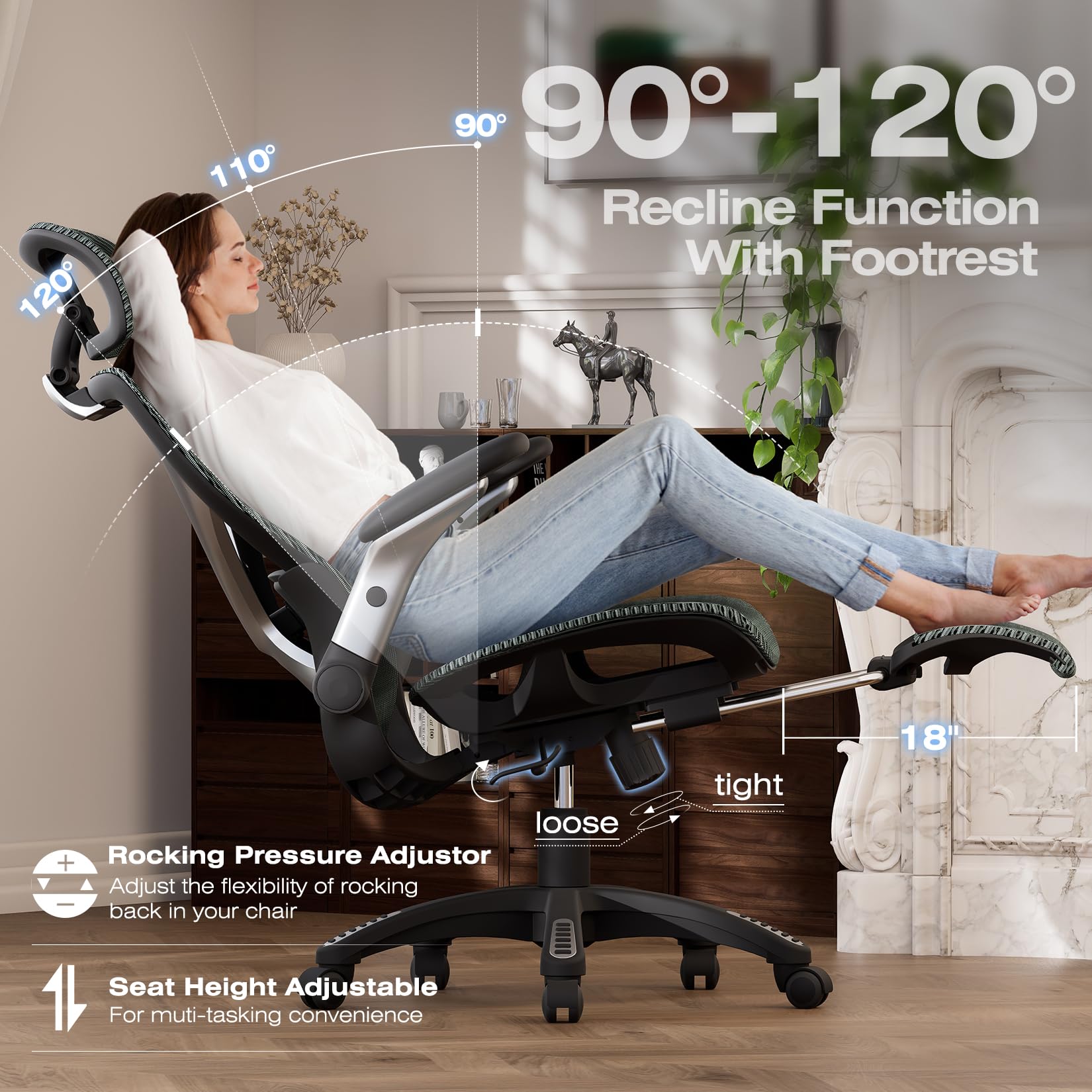 ELABEST X100 Ergonomic Office Chair with Footrest, Big and Tall Home Desk Chair with 5D Flip-Up Arms, Adjustable 3D Lumbar Support,High Back Rolling Computer Chair, Swivel Mesh Chairs (Coffee Break)