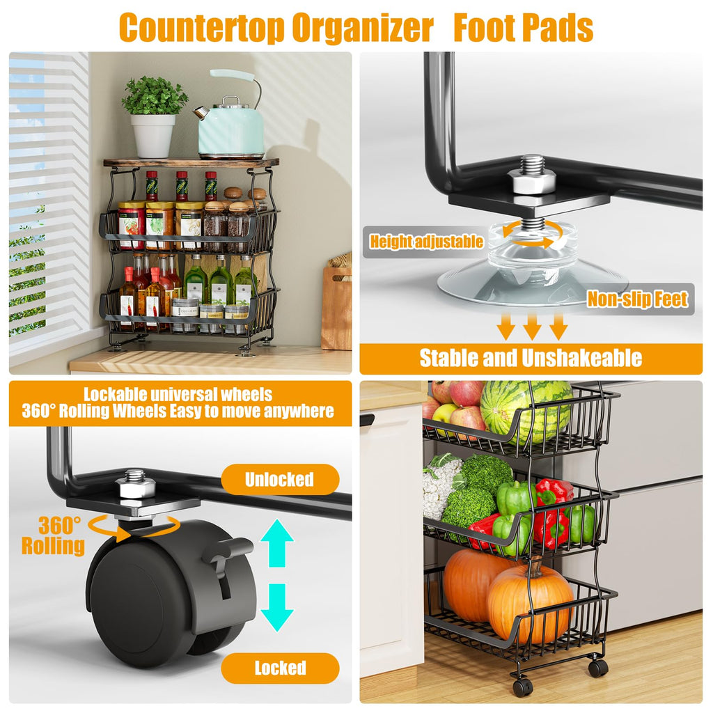 Gsiekare Fruit Vegetable Basket for Kitchen, 4 Tier Stackable Fruit Vegetable Storage Baskets with Wheels, Metal Wire Storage Basket Organizer Baskets for Kitchen, Pantry, Bathroom