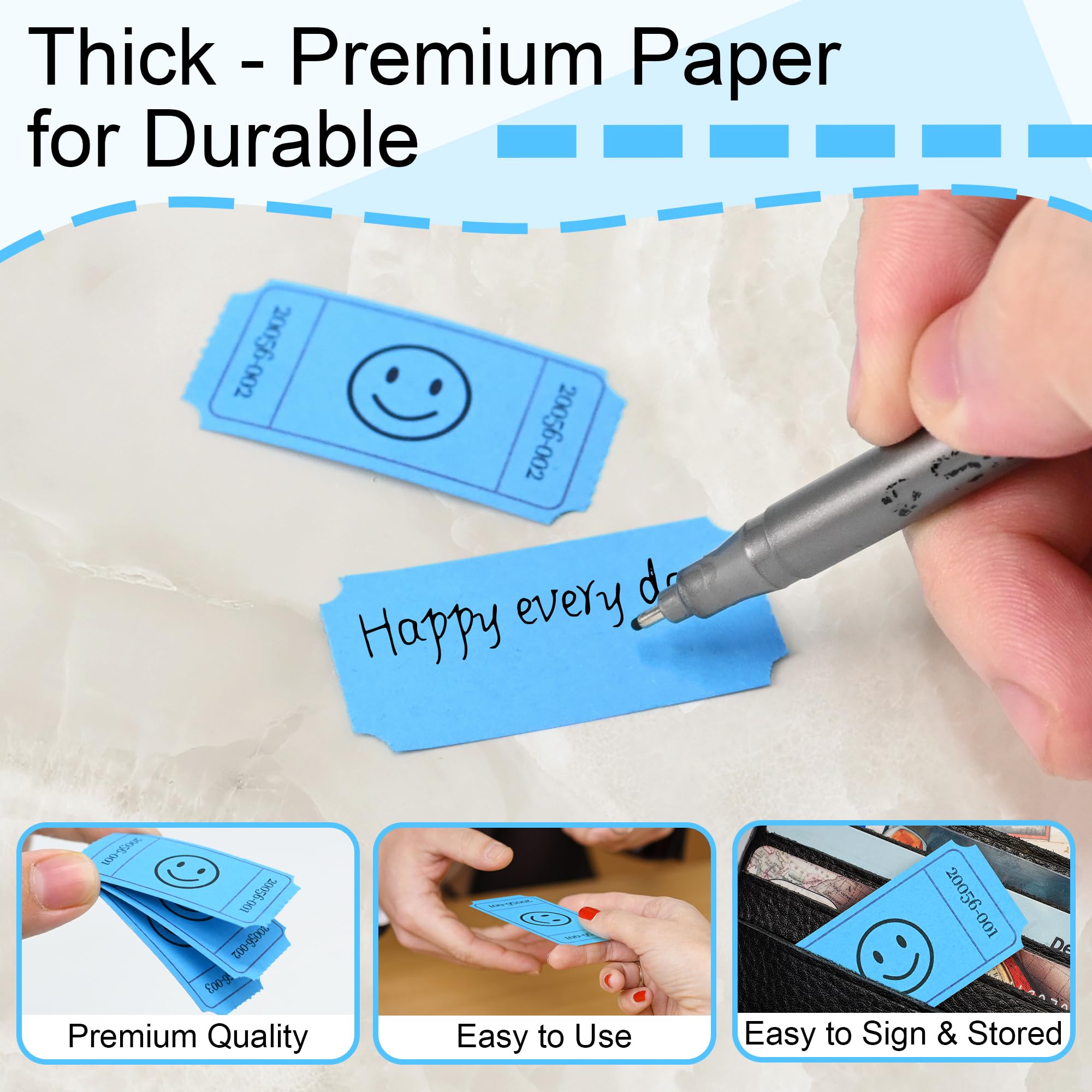 L LIKED 500 Raffle Tickets, Smile,Bule(6 Color Selection), Single Roll, Ticket for Events, Entry, Class Reward, Raffle & Prizes
