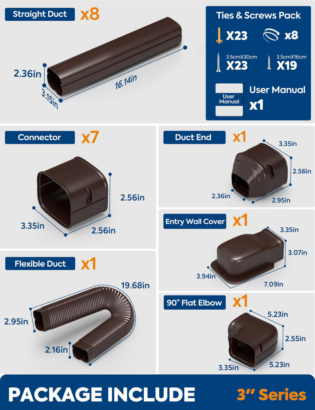 3'' x 9Ft Mini Split Line Set Cover with Flexible Duct, Upgrade PP Decorative Minisplit Lineset Cover Kit, Line Hide for Mini Split, Air Conditioner, Central AC, HVAC and Heat Pumps, Brown