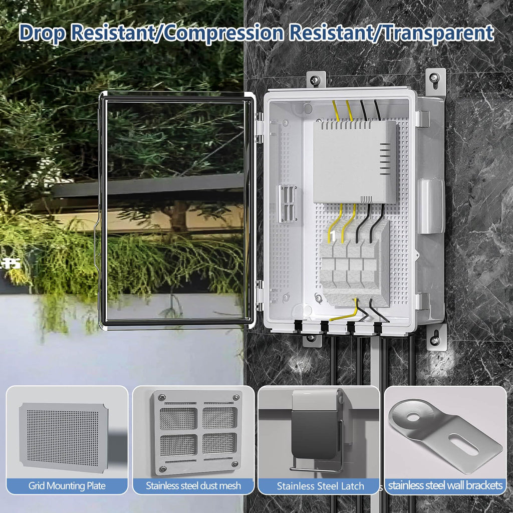ABS Electrical Junction Box, Ventilated Design, Cable Grommets, IP65 Waterproof Enclosure, Indoor/Outdoor Use with Mounting Panel. (Clear Cover, 8.7"x6.7"x4.3")
