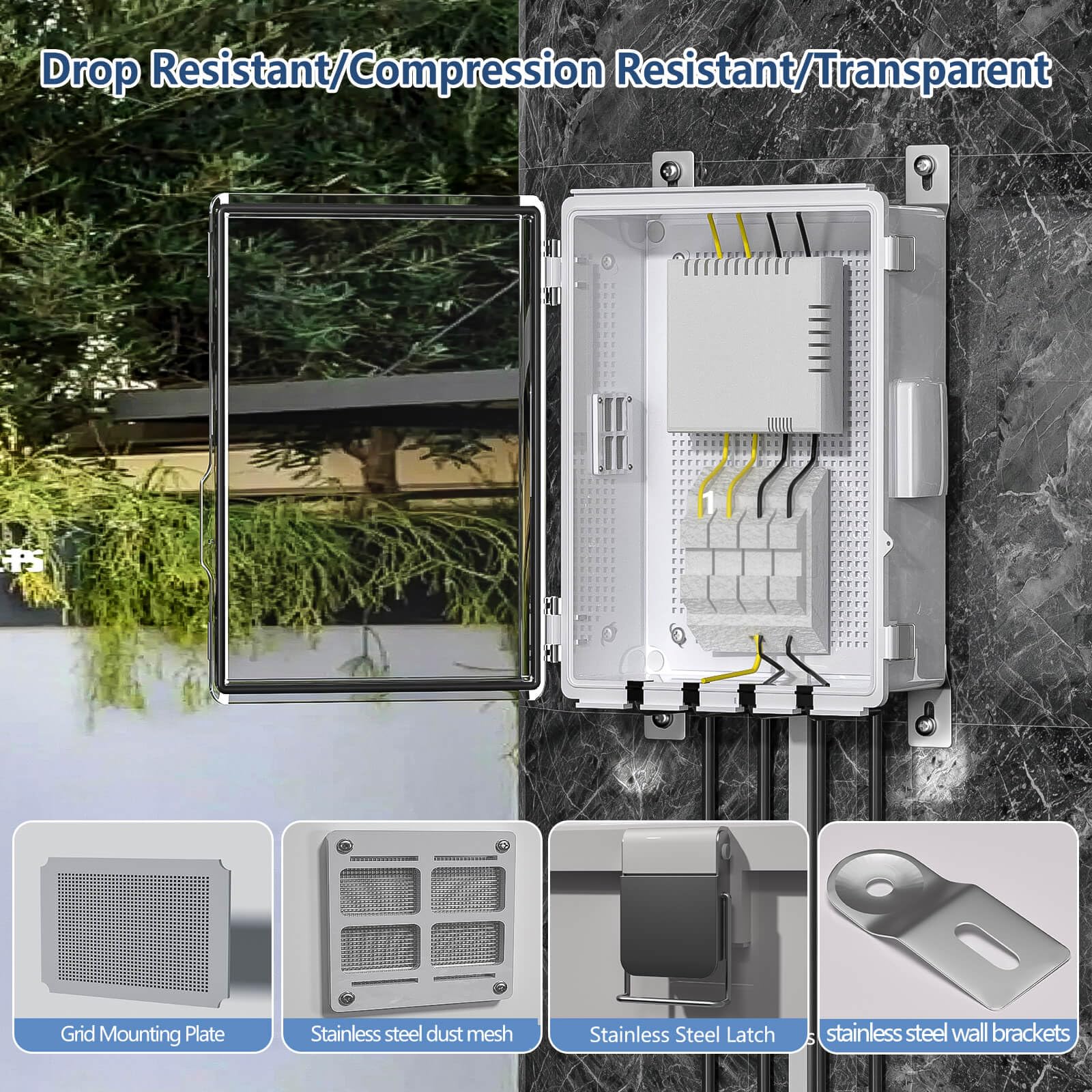 ABS Electrical Junction Box, Ventilated Design, Cable Grommets, IP65 Waterproof Enclosure, Indoor/Outdoor Use with Mounting Panel. (Clear Cover, 8.7"x6.7"x4.3")