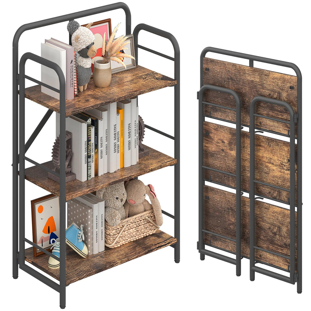4NM No Assembly Folding Bookshelf, 3 Tiers Collapsible Book Shelves Open Industrial Foldable Storage Bookcase Shelf for Bedroom, Living Room, Home Office - Natural and White