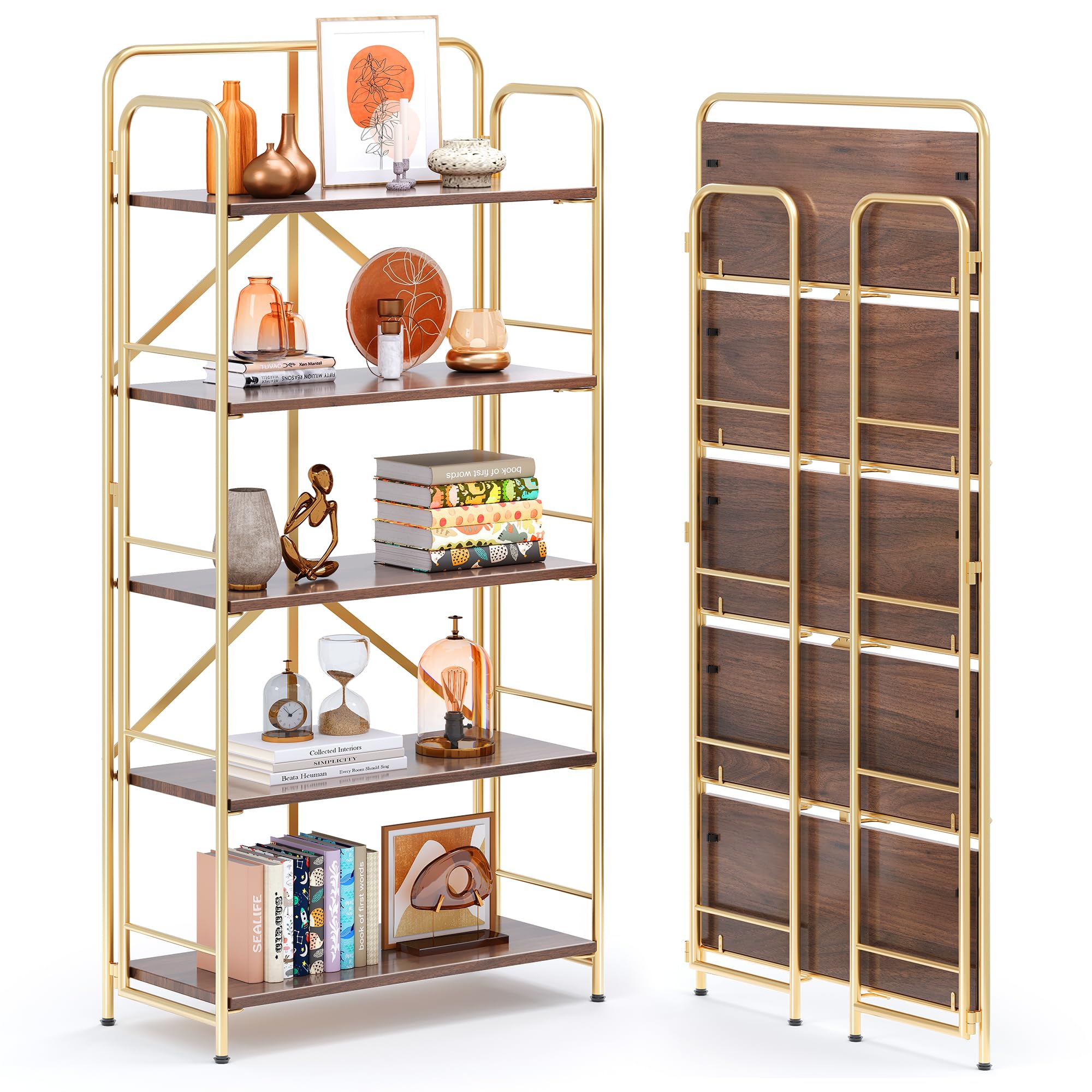 4NM No Assembly Folding Bookshelf, 3 Tiers Collapsible Book Shelves Open Industrial Foldable Storage Bookcase Shelf for Bedroom, Living Room, Home Office - Natural and White