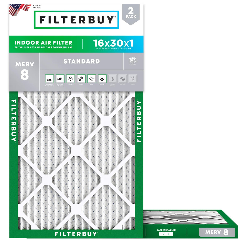 Filterbuy 8x14x1 Air Filter MERV 8 Essential Dust & Allergy Defense (2-Pack), Electrostatic Pleated HVAC AC Furnace Filters Replacement, Made in USA (Actual Size: 7.50 x 13.50 x 0.75)
