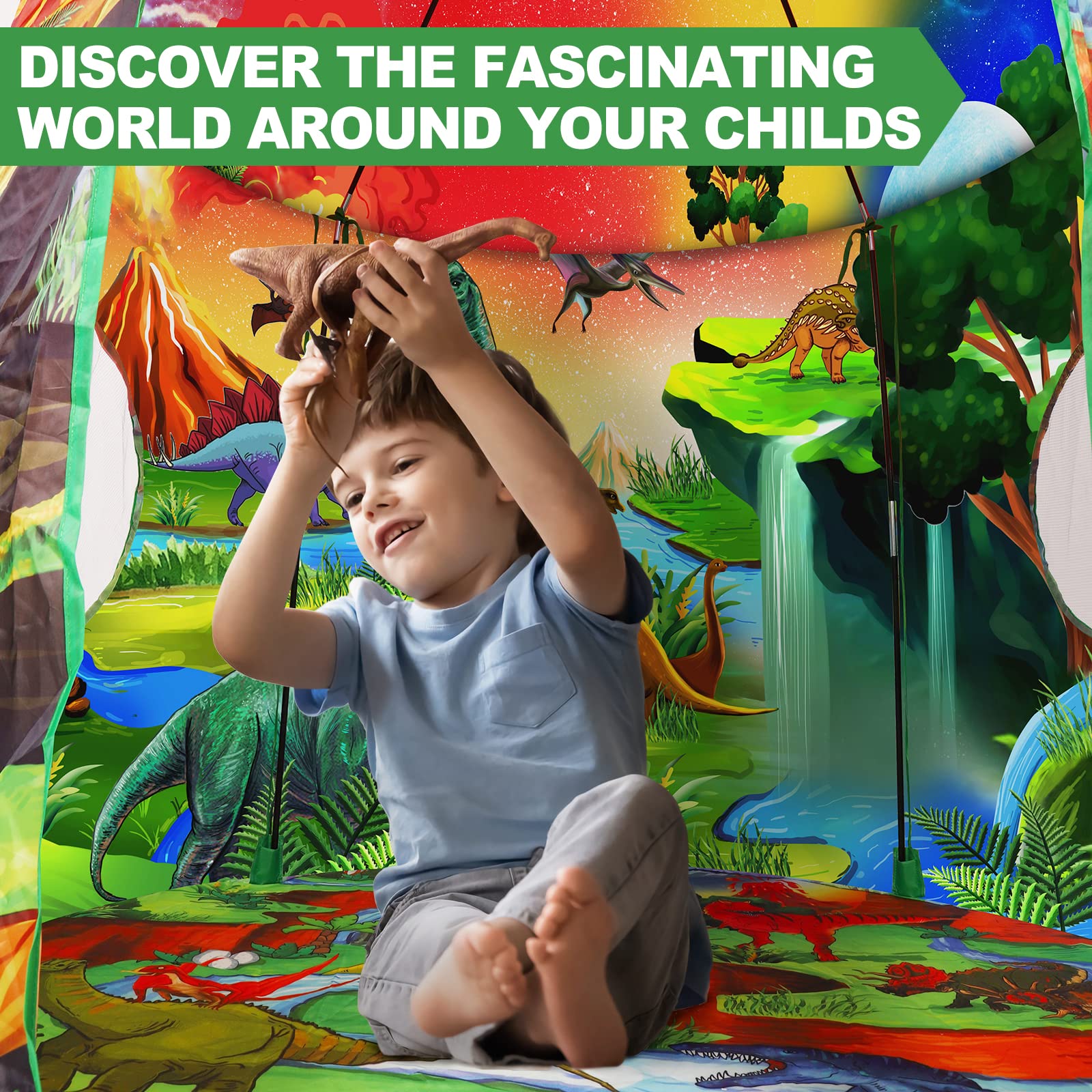 WillingHeart Play Tent for Kids Pretend Playhouse Indoor Outdoor Games Party Children Pop Up Foldable Tent Birthday Toy for Boys Girls Toddler Baby Playroom Gift, Wild Dinosaur Themed