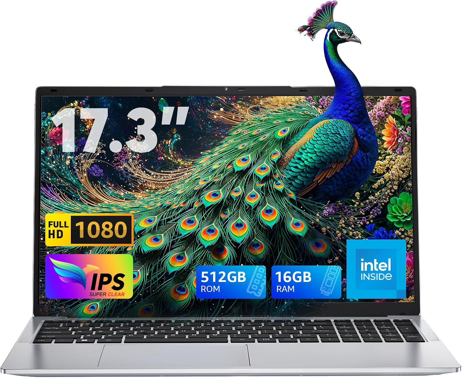 MALLRACE 2025 Laptop,17.3-Inch FHD Display Laptop with Quad Core-12th Alder Lake N97(Up to 3.6GHz), 16GB RAM 512GB ROM Traditional Laptop Computer, 6000Mah Battery,Silver