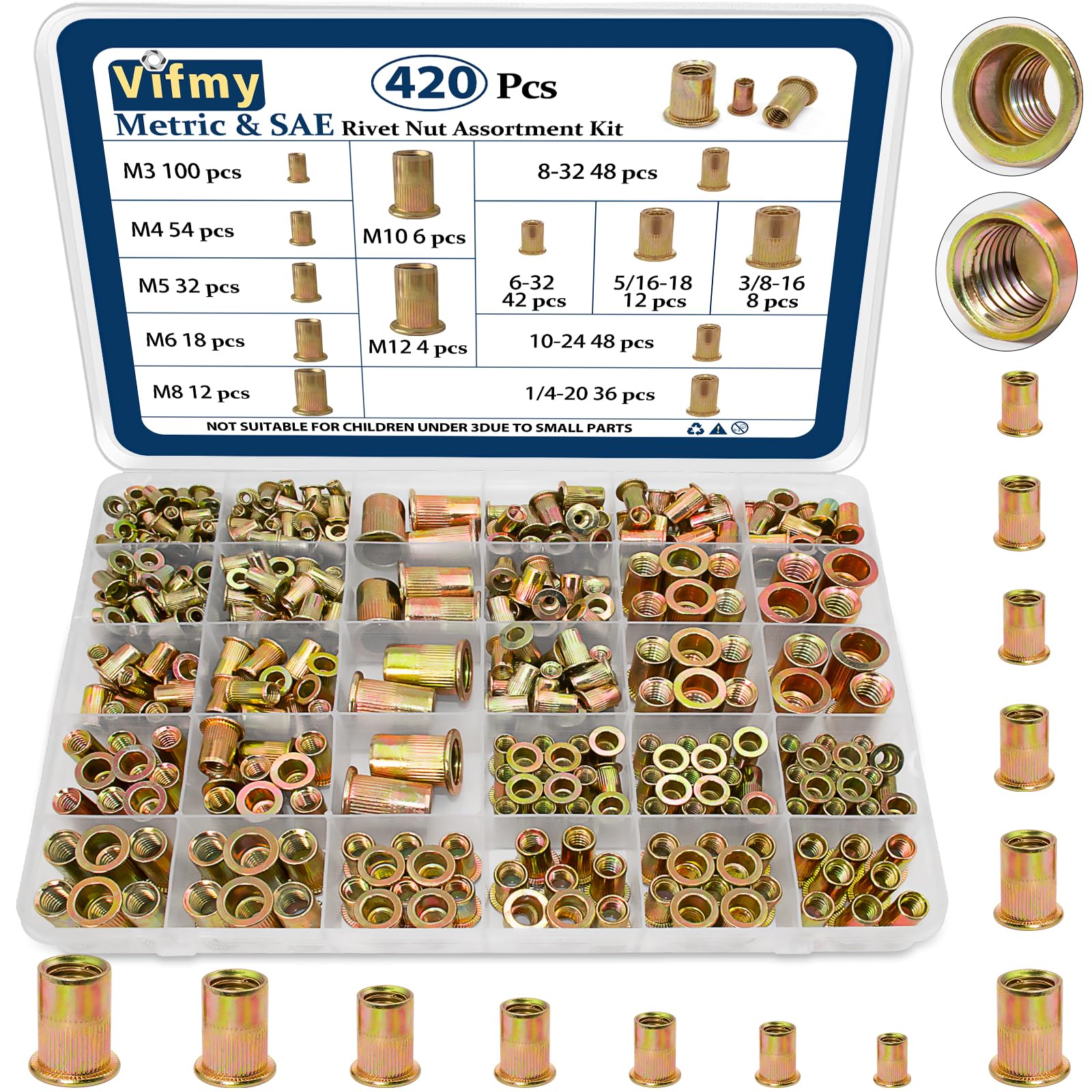 1/2''-13 UNC Rivet Nut, 10Pcs 304 Stainless Steel Flat Head Rivnut Threaded Insert Nutsert