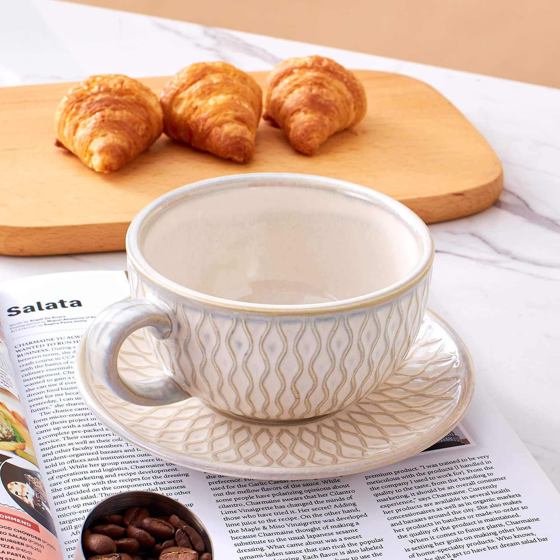 Coffeezone Vintage Design 12 oz Ceramic Latte Art Cappuccino Barista Cup with Saucer (Beige)