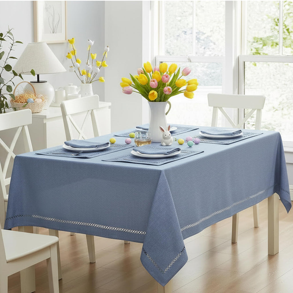 Newbridge Rectangle Fabric Placemats, Set of 4 Placemats, Provence Lattice Cutwork Solid Color Textured, Water and Stain Resistant Easy Care, Denim Blue