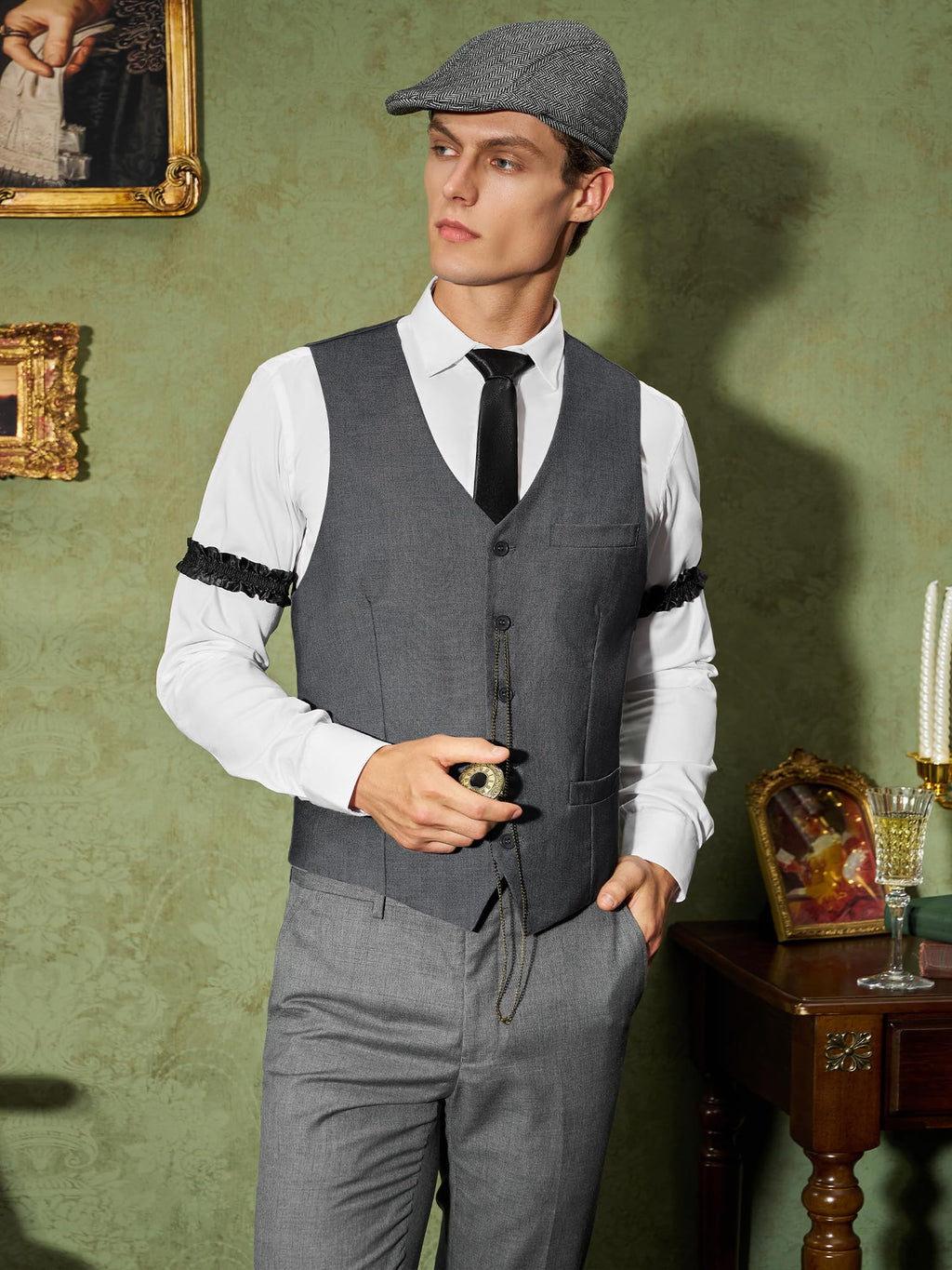 YESSA 1920s Mens Costume,Roaring 20s Costumes for Men,Gatsby Costume Men,1920s Mens Outfit Hat Vest Pocket Watch Tie