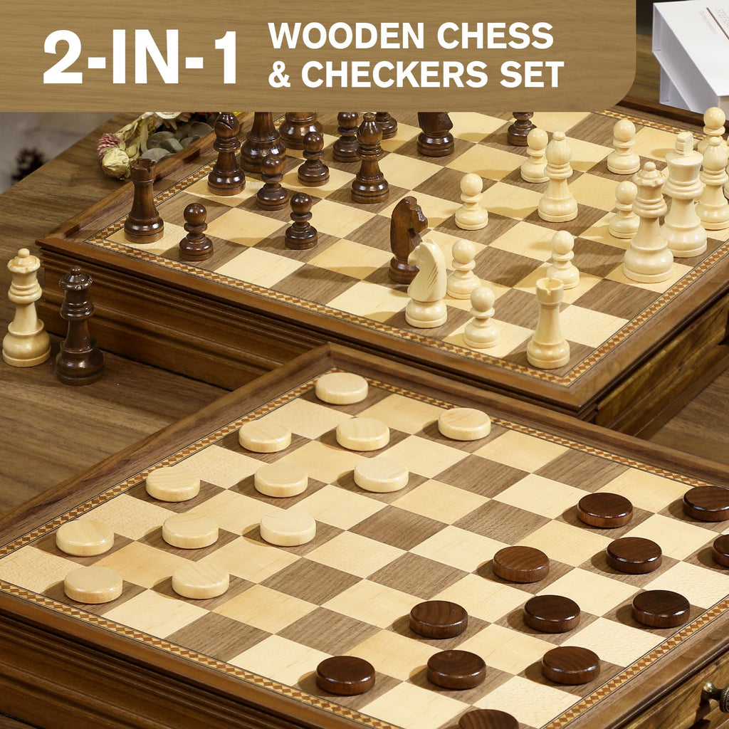 Peradix Magnetic Chess and Checkers Set with 2 Built-in Storage Drawers, Classic 2 in 1 Wooden Board Games, Magnetic Chess Pieces 2 Extra Queens, 12.8" Chess Set for Adults and Kids Gift Package