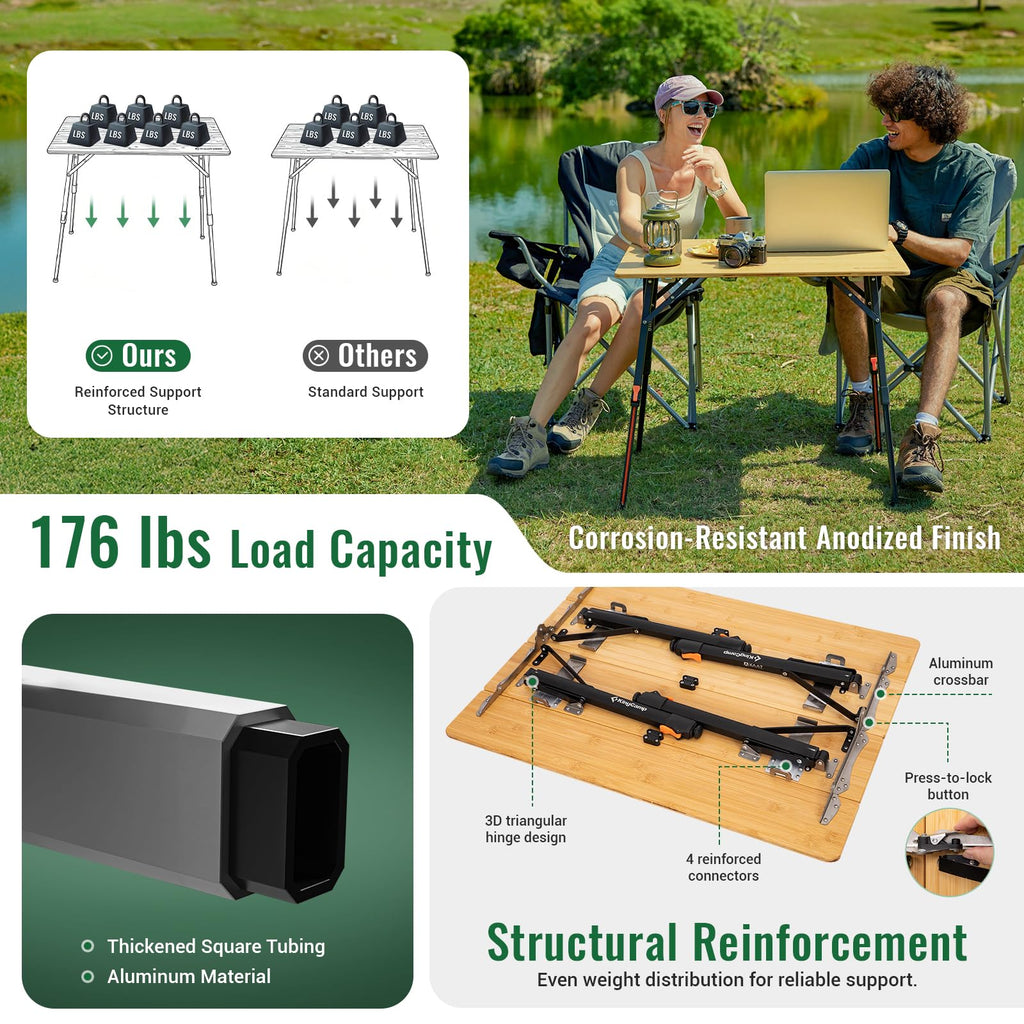 KingCamp Bamboo Folding Table, 4-Fold Camping Adjustable Height Portable Outdoor Lightweight & Compact Table with Aluminum Frame for RV Picnic BBQ Tailgating