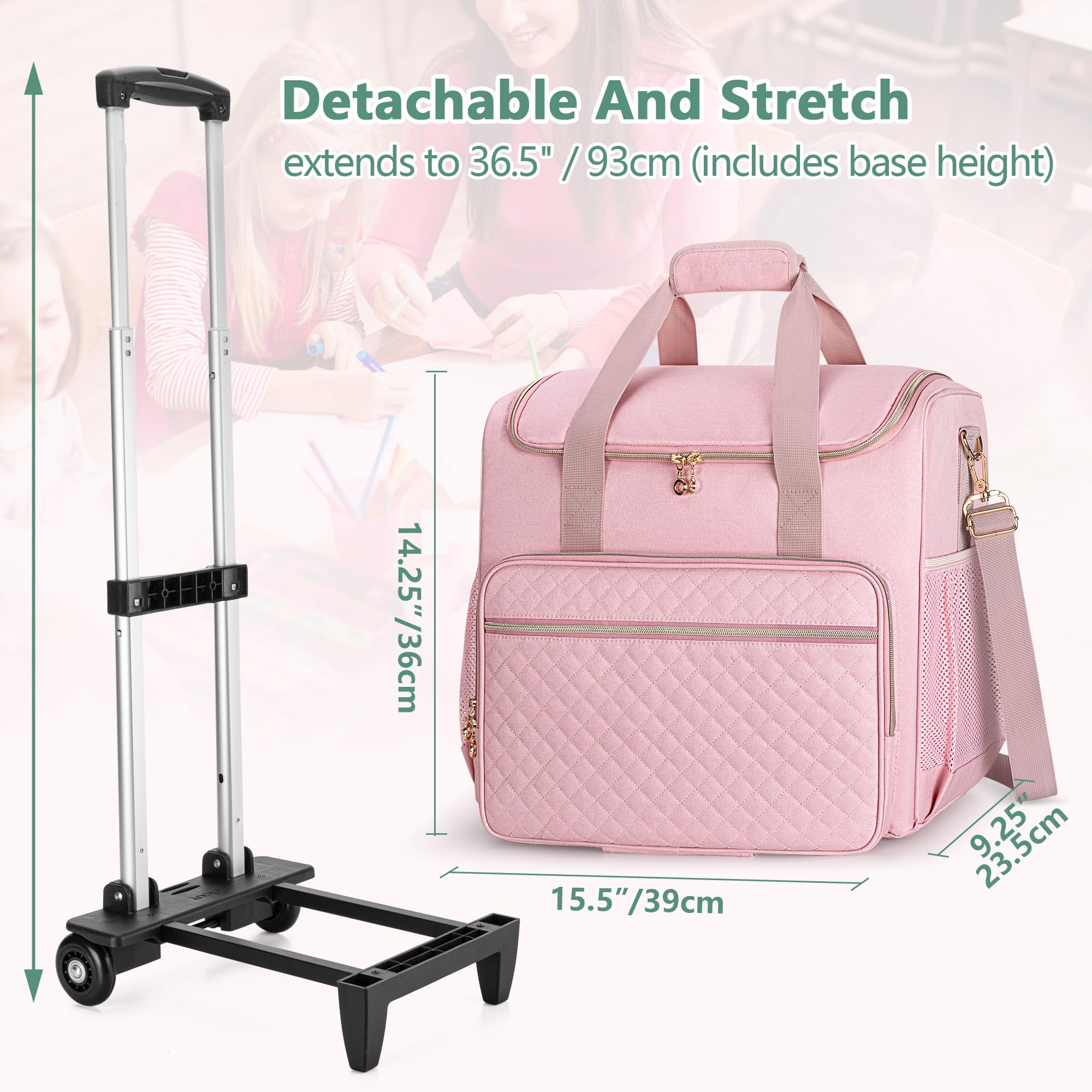 LUXJA Rolling Teacher Bag with Laptop Compartment and Detachable Dolly, Multifunctional Rolling Teacher Tote Bag (Patent Pending), Black