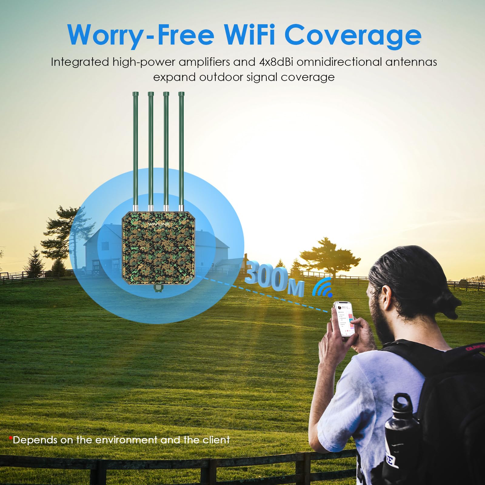 WAVLINK AX3000 Outdoor WiFi 6 Extender Long Range, Outdoor Wireless Access Point, Active PoE, 4x8dBi Antennas,Work with Starlink/Cameras/Router,IP67,Up to 256 Devices for Farm,Yard,RV
