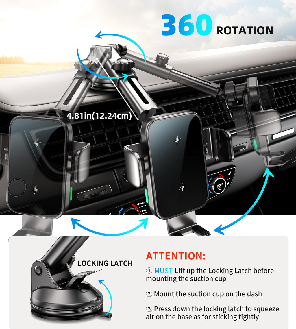Dual Coil 15W Car Phone Holder Wireless Car Charger -Auto Clamping- Charging Phone Holders for Your Car Dash Vent Windshield, for Flip S25/S24/S23/S22, iPhone 17/16/15/14