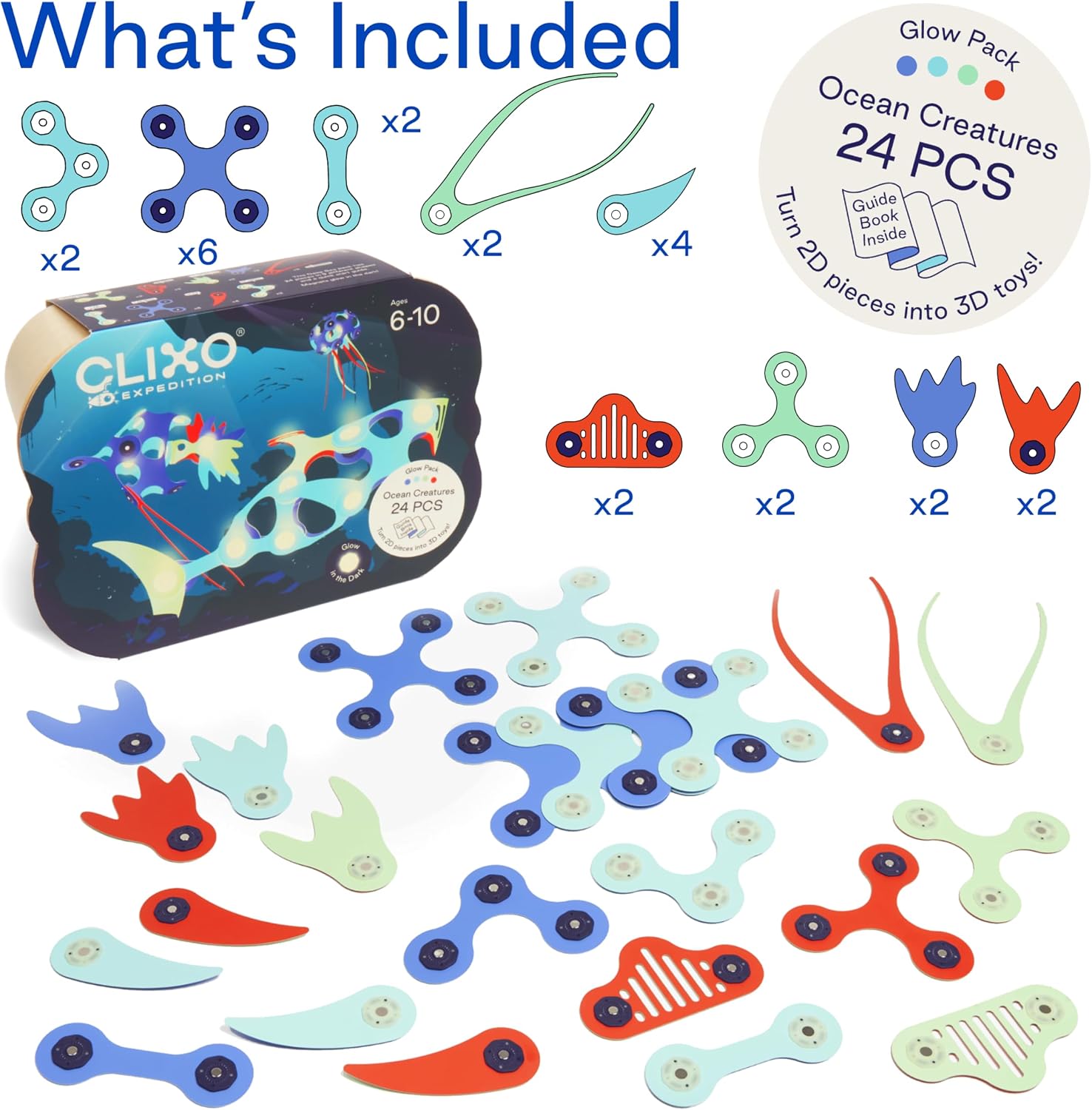 Clixo Ocean Creatures Pack - Glow-in-The-Dark Magnetic Building Toy - 24 Flexible Magnet Pieces for Underwater Adventure. Imaginative STEM Toy. Screen Free Kids Gift & Travel. Ages 6+ [New]