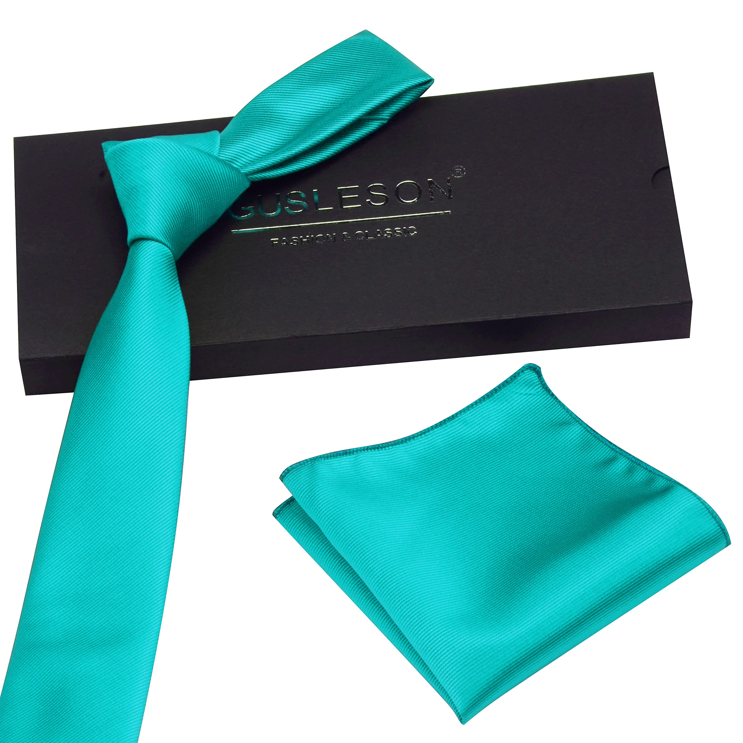 GUSLESON 2.4" Slim Necktie and Handkerchief Set For Men Solid Skinny Tie Set
