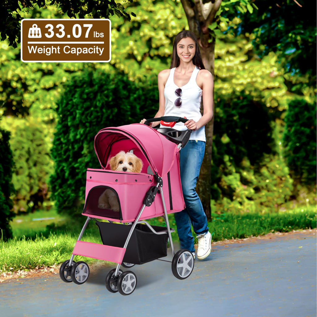 Pet Stroller, 4 Wheels Pet Strolling Cart for Medium/Small Dogs and Cats, Foldable Cat Jogger/Dog Stroller with Cup Holder, Storage Basket, Breathable Mesh, All-Season Pet Carrier, Black