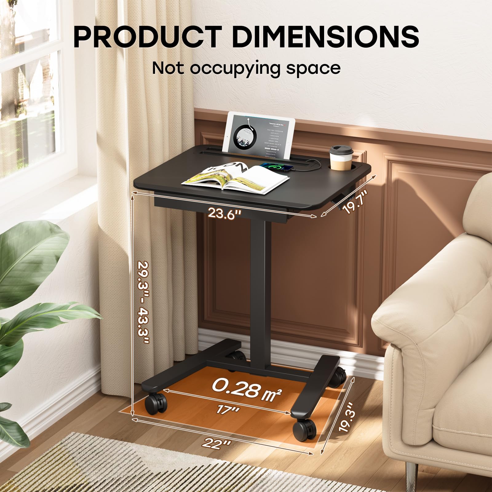 Small Mobile Standing Desk with Drawer, 23.6"x19.7" Rolling Laptop Cart on Wheels, Height Adjustable Sit Stand Computer Workstation with Storage for Compact Space, Black