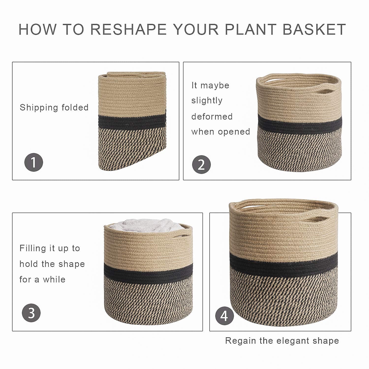 TIMEYARD Sturdy Jute Rope Plant Basket Modern Woven Basket up to 7.5 Inch Flower Pot Floor Indoor Planters, 8” x 8” Storage Organizer Baskets Rustic Home Decor, Black Stripes