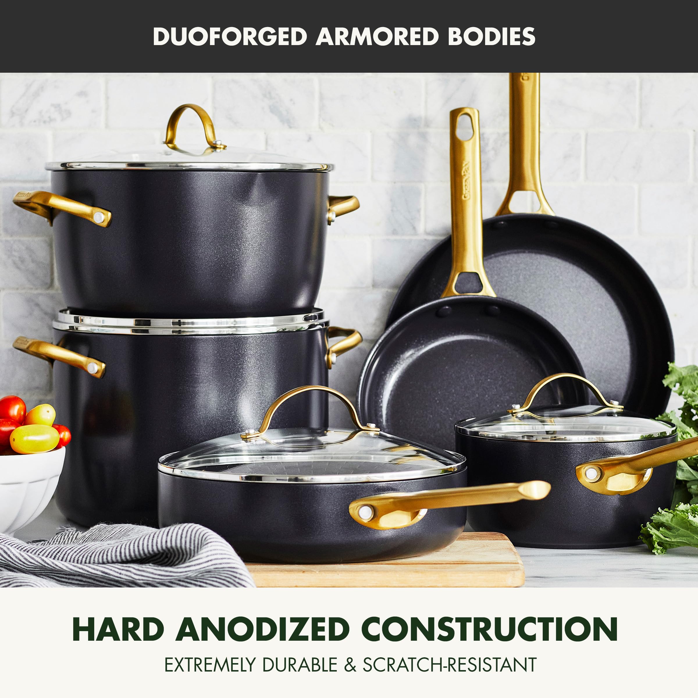 GreenPan Hard Anodized Healthy Ceramic Nonstick 5 Piece Cookware Pots and Pans Set, Gold Handle, PFAS-Free, Dishwasher Safe, Oven Safe, Black