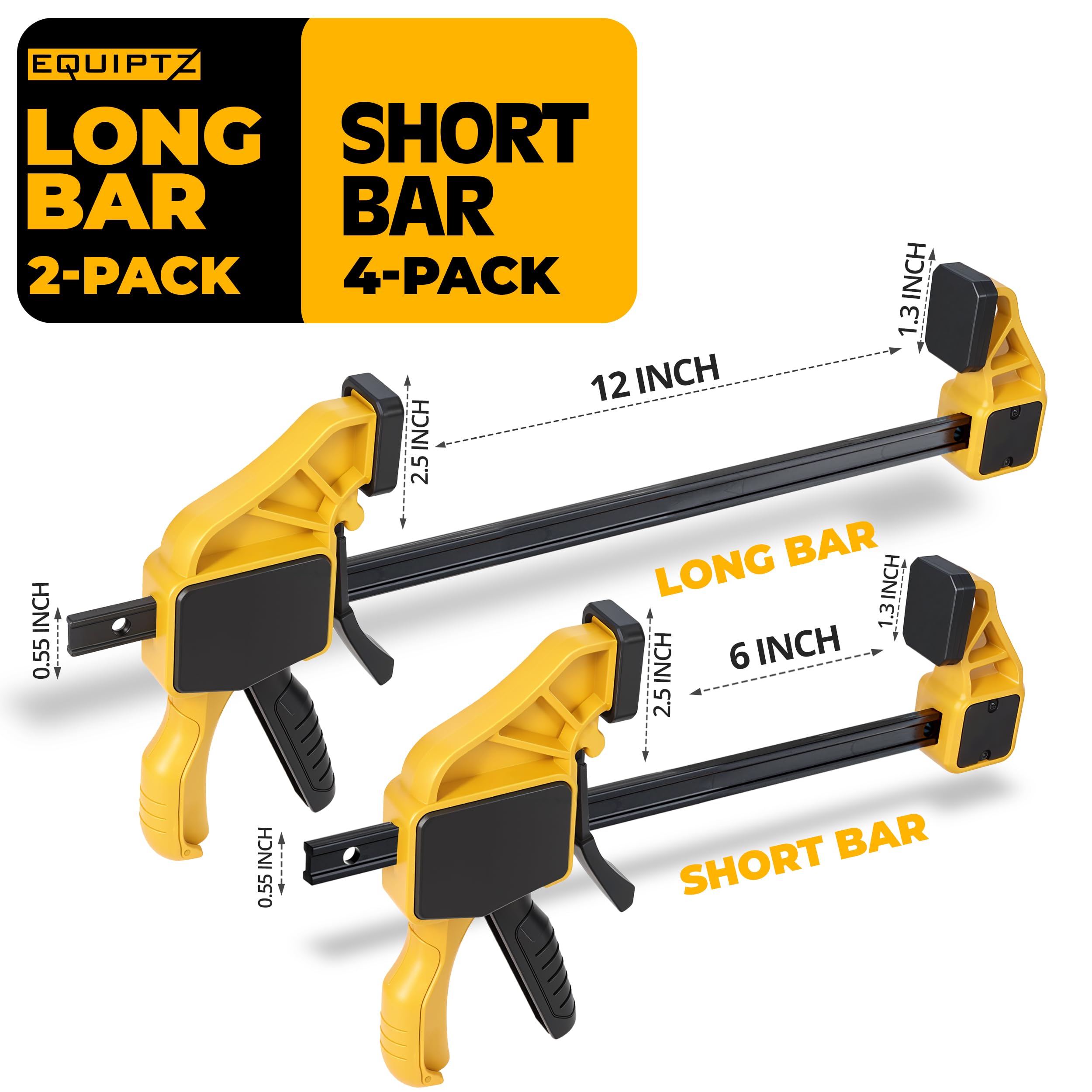 EQUIPTZ 6 Pack Bar Clamps for Woodworking – 2 Pcs 12" & 4 Pcs 6" Quick Grip Clamps Set with 150 lbs Force – Wood Clamps for Gluing, Carpentry, DIY, and Metalworking (Combo Sizes, 6 Pack)