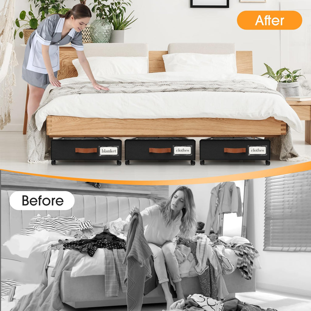 SpaceHacks Under Bed Storage with Wheels 1Pack Underbed Storage with Clear Window&Label Under Bed Drawers Large Capacity Rolling Under Bed Storage for Clothes,Shoes, Blankets (Beige)