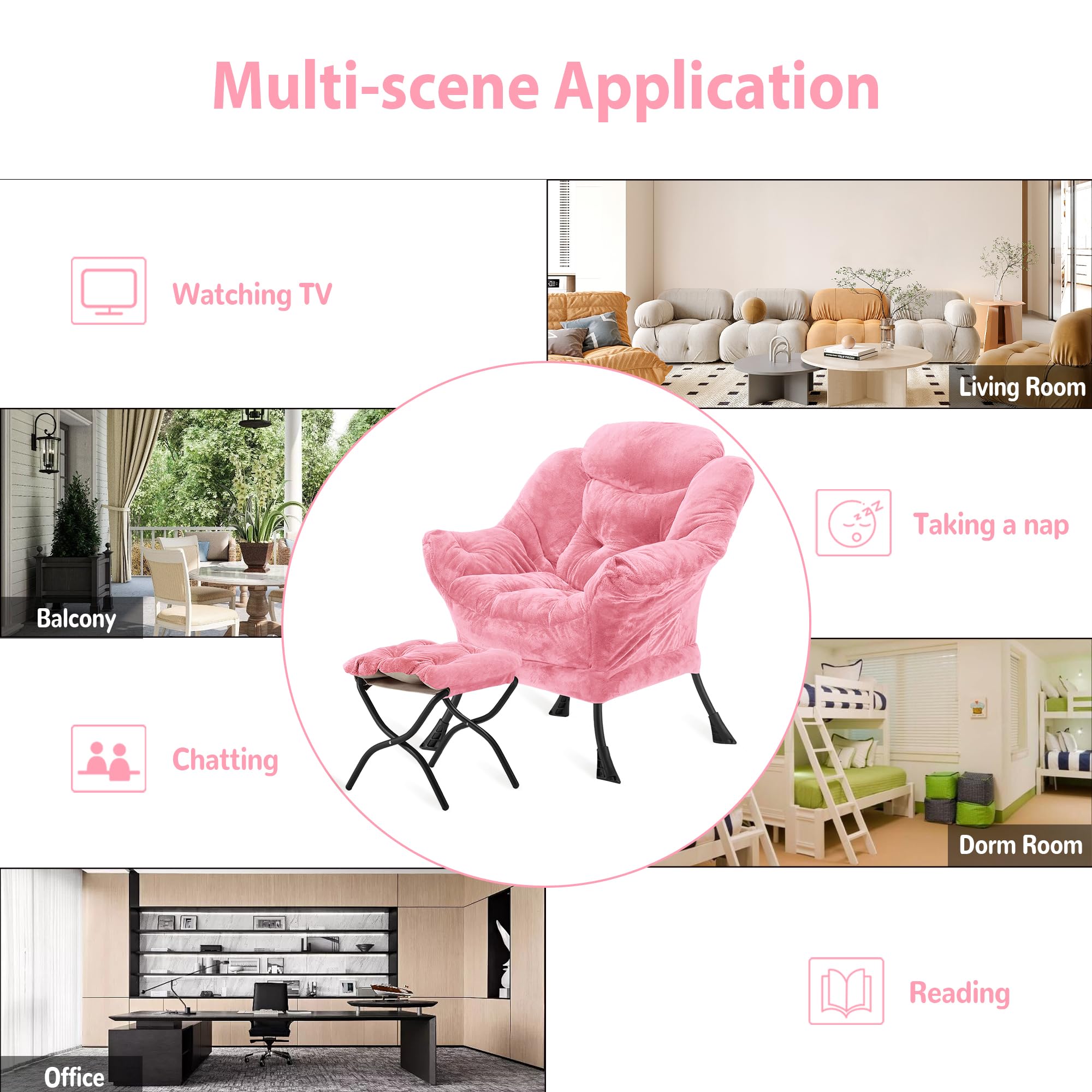 Youtanic Lazy Chair with Folding Ottoman, Accent Chair Velvet Upholstered with Metal Structure and Non-Slip Pads, Sofa Armchair with Footrest and Side Storage Bag for Dorm, Room, Office, Beige