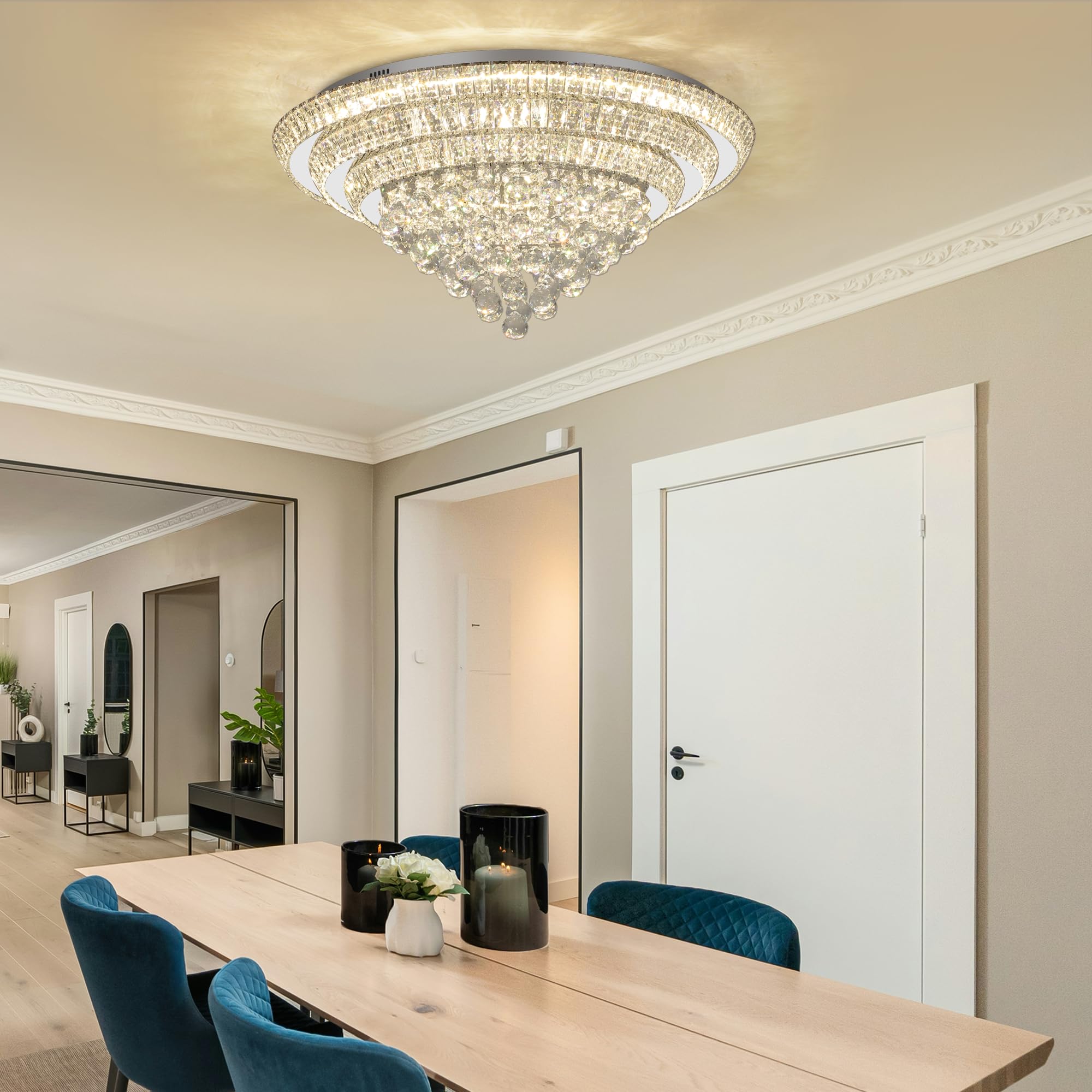 COCOSTAR 20" Gold Crystal Chandeliers, Flush Mount Chandelier LED Ceiling Light, Modern Crystal Raindrop Chandeliers for Dining Room, Living Room, Bedroom