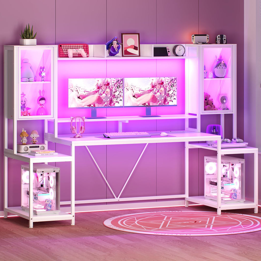 SEDETA Gaming Desk 74.8'' with LED Lights, Hutch and Storage Shelves, Computer Desk with Monitor Stand, Large PC Gamer Desk Workstation, Ergonomic Gaming Table for Bedroom, Living Room, Black