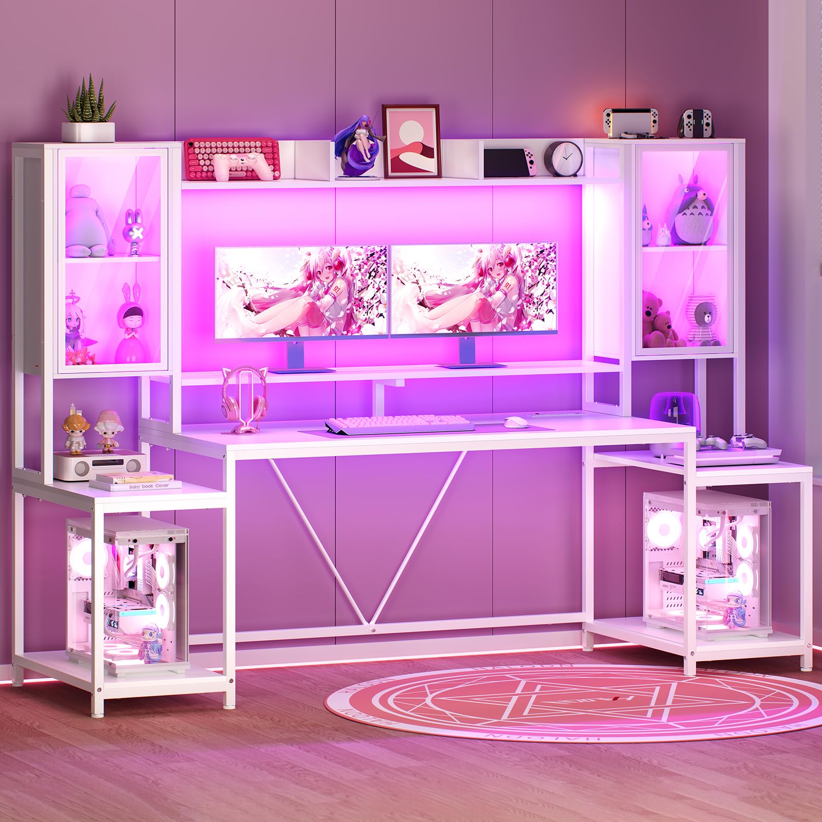 SEDETA Gaming Desk 74.8'' with LED Lights, Hutch and Storage Shelves, Computer Desk with Monitor Stand, Large PC Gamer Desk Workstation, Ergonomic Gaming Table for Bedroom, Living Room, Black