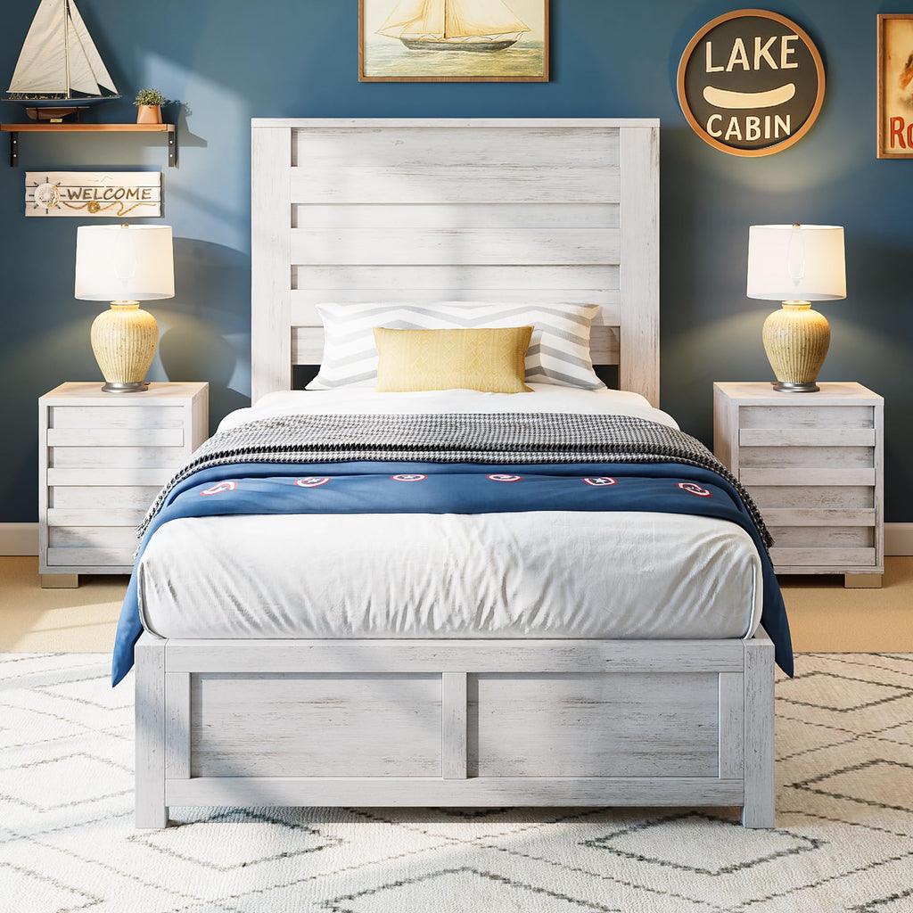 AMERLIFE Farmhouse Full Size Bed Frame with 49" Fluted Headboard, Wood Platform Bed with Natural Grain, No Box Spring Needed/Noise Free, Black