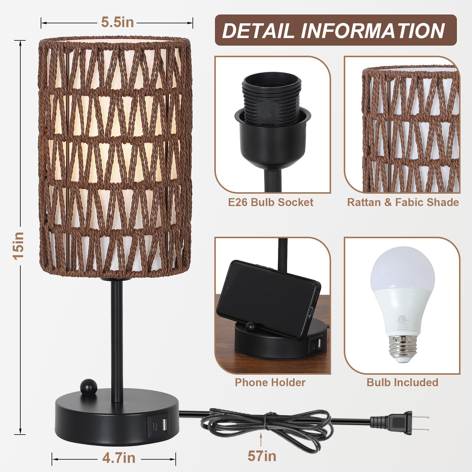 Rattan Bedside Table Lamps Set of 2 - Boho Lamps With 3 Color Temperatures & USB AC Port, Pull Chain Table Lamp For Bedroom, Cute Small Lamp For Nightstand Office Desk Bed Side End Table Living Room
