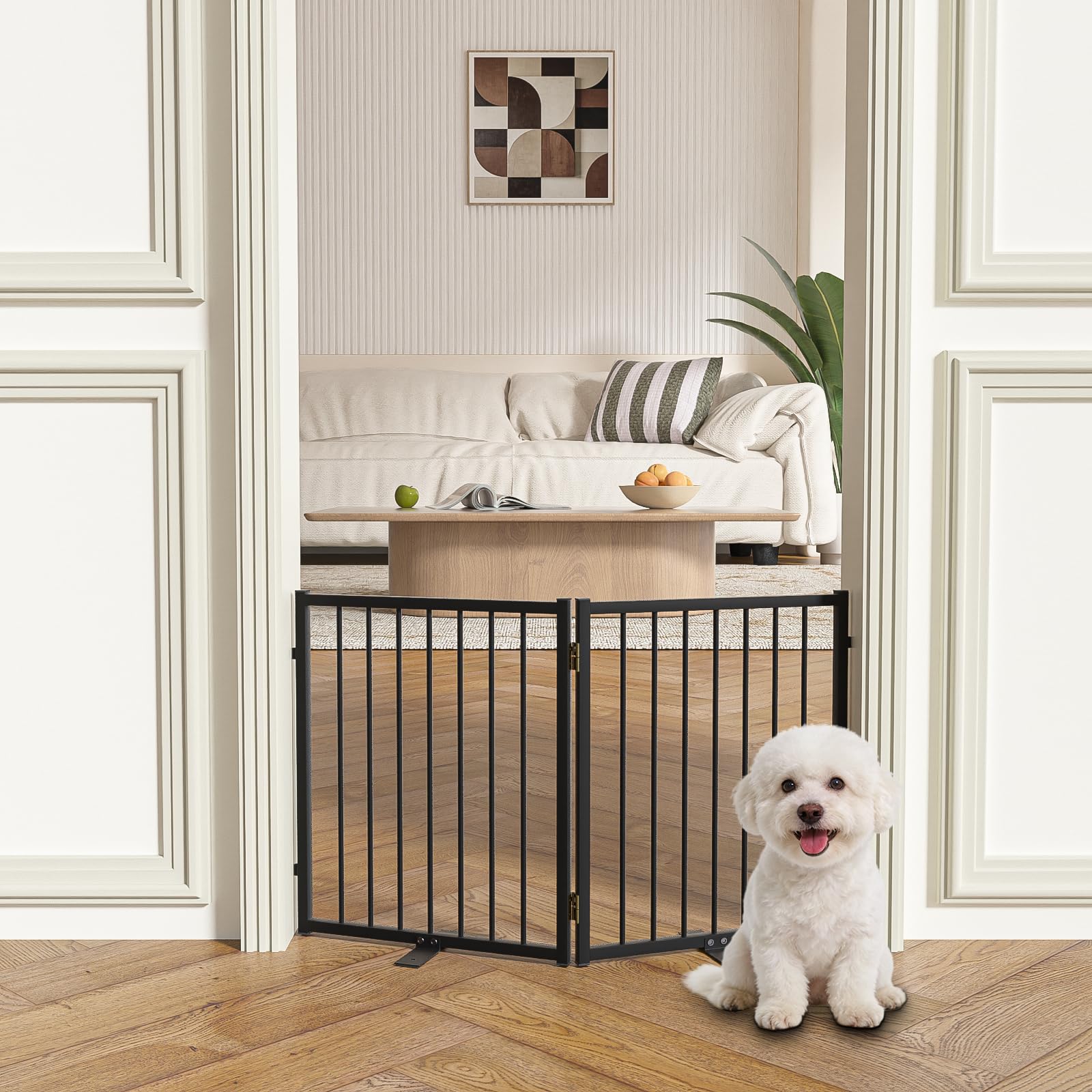 SNUOWU Full Metal Freestanding Dog Gate with Door, 24'' Height Foldable Pet Dog Fence for Indoor & Outdoor, 2 Panels Extra Wide Free Standing SmallDog Gates for Doorways,House,Stairs,Porch,Deck,Yard