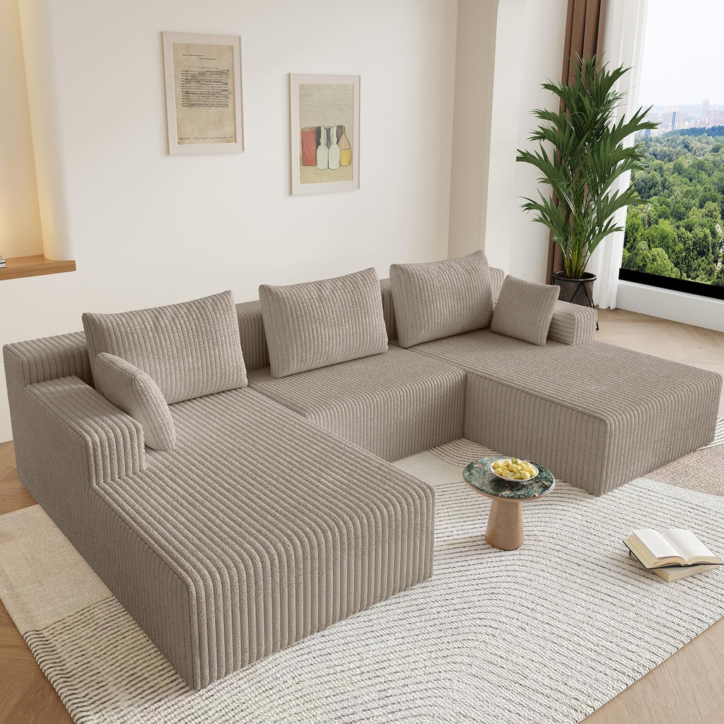 Lakifun 107" L-Shape Sofa with Ottoman, Modern Modular Sectional Comfy U-Shape Cloud Couch, Deep Seat, Upholstered Corduroy Sleeper Chaise Longue for Living Room Bedroom, No Assembly Required, Black