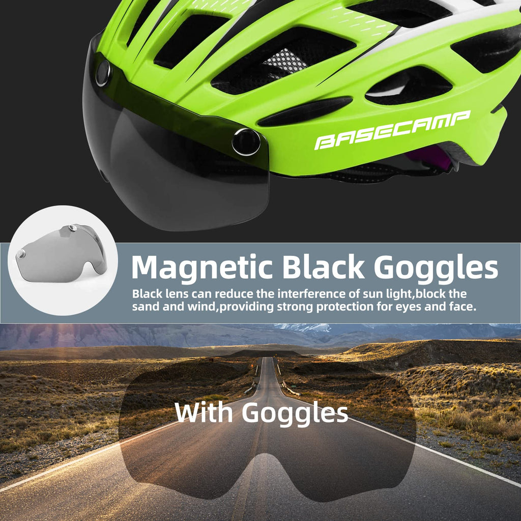 Bike Helmet, Basecamp Bicycle Helmet with Rear Light & Detachable Magnetic Goggles Lightweight Cycling Helmet Adjustable for Adult Men Women Mountain & Road (BC-069)