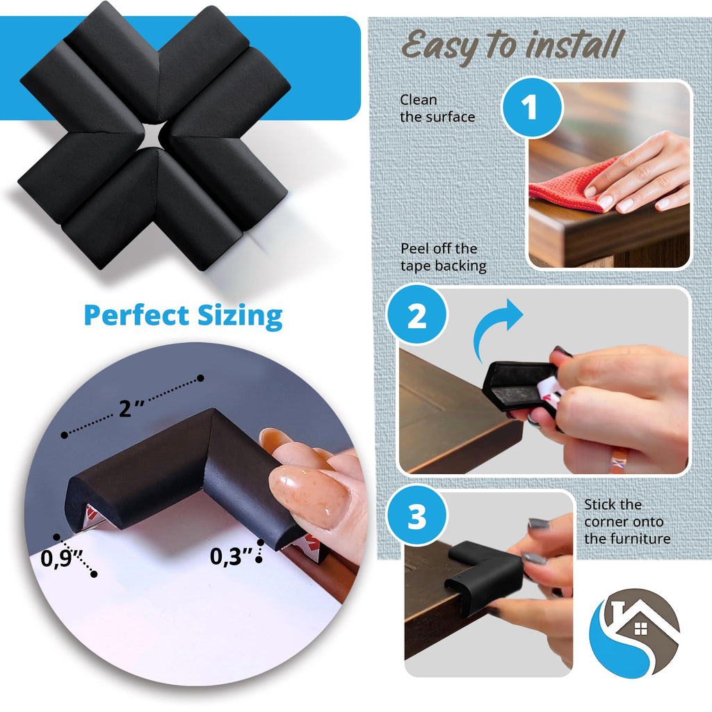 8-Pack Baby Proofing Corner Guards, Soft Rubber Corner Protectors for Furniture, 3M Adhesive Pre-Taped Corner Bumper Guards, Child Proof Safety for Fireplace, Table, Cabinet & Stairs, Black