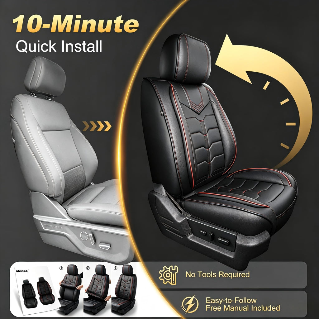 AOMSAZTO Seat Covers Fit for Ford F150 : 2009-2024 2025 2026 - F250/F350/F450 2017-2024 2025 2026 Truck Pick-up Front Car Seat Covers Faux Leather(Blackline, 2PCS Front)