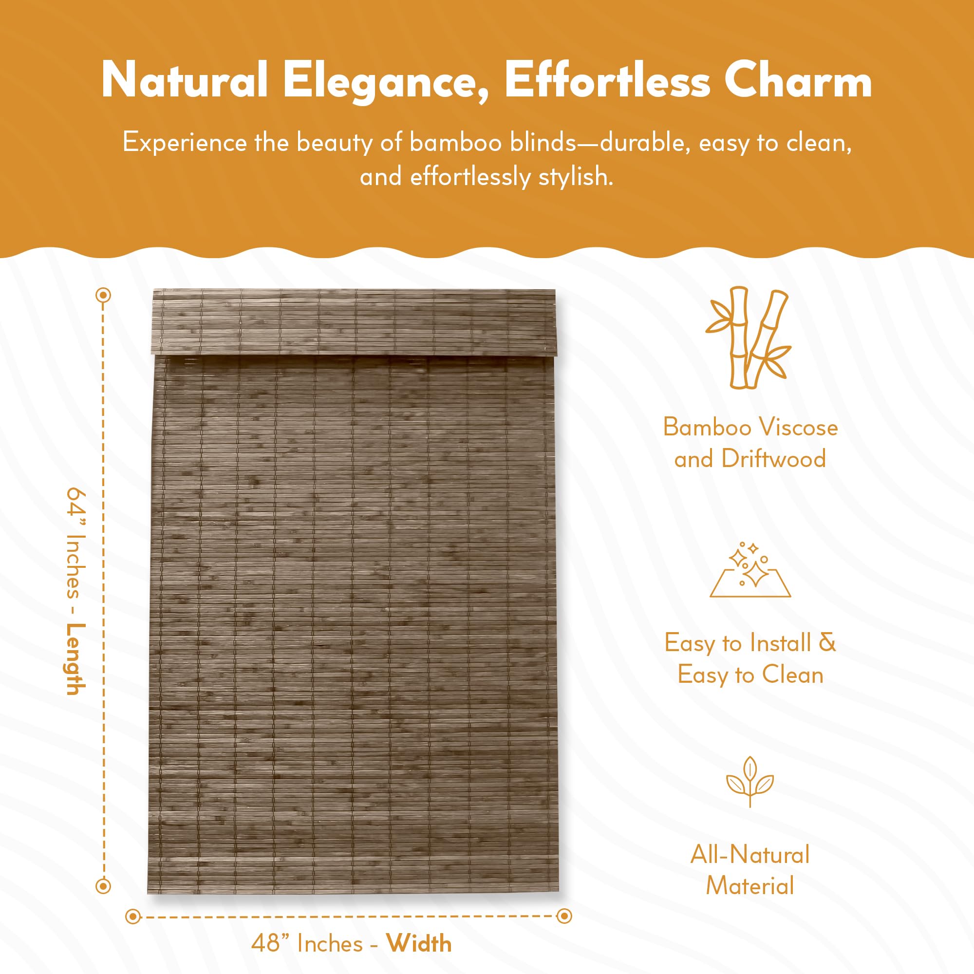 Radiance Cordless Bamboo Roman Shades for Windows - Flatstick Bamboo Blinds for Semi-Private Light Control - Easy to Lift & Fold Up Window Shades - Cocoa - 23 in. W x 64 in. L - (2216300E)