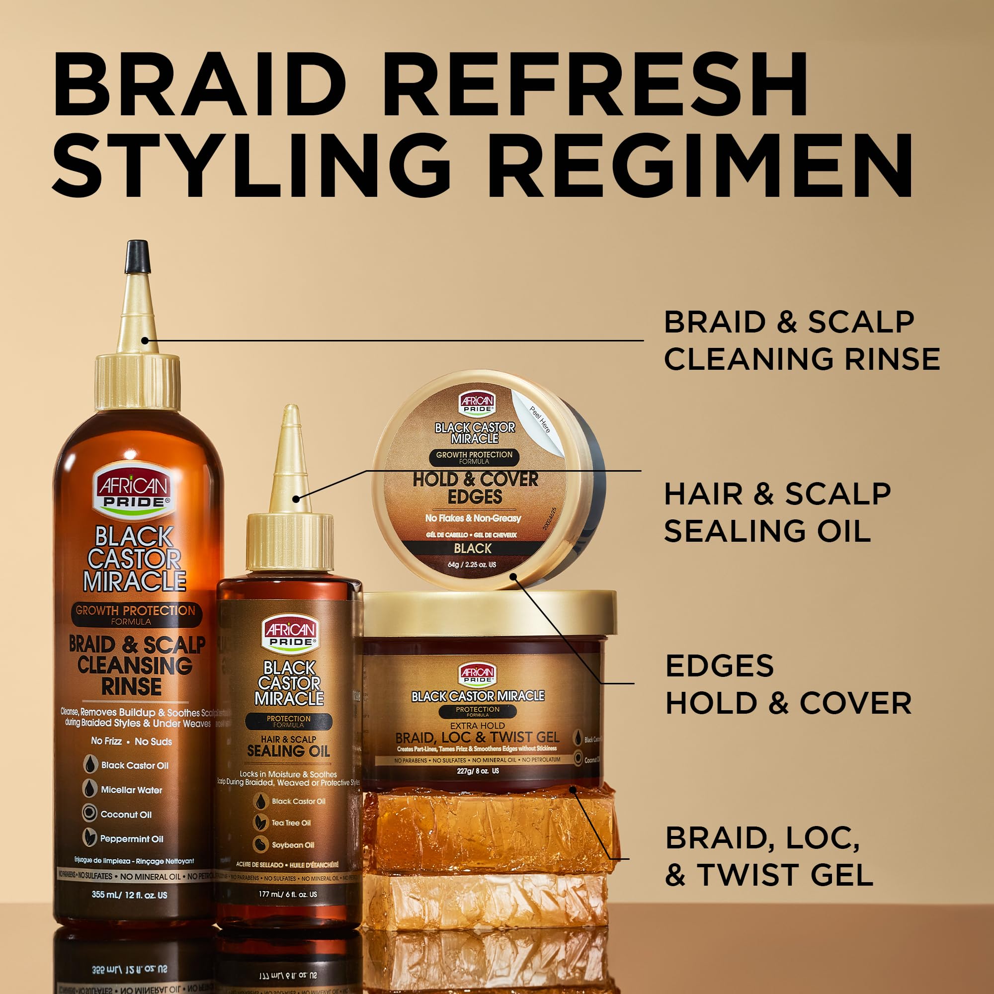 African Pride Black Castor Miracle Extra Hold Braid, Loc, Twist Gel - Extreme Hold Braiding Hair Gel, Edge Control & Tames Frizz, No Flake | Natural Ingredients, Coconut Oil | 8oz