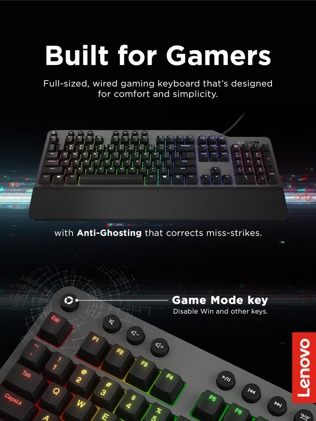 Lenovo Legion KM310 RGB Wired Gaming Keyboard & Mouse Combo - K310 Keyboard w/Silent Operation & Compact Water-Resistant Design - M300S Mouse with 8000 Adjustable DPI, 220 IPS, 6 Programmable Buttons